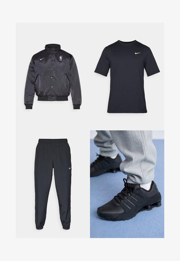 Black satin bomber jacket with a high collar, snap button closure, NBA logo, and Nike swoosh in purple. Ribbed cuffs and hem visible.; Black short-sleeve Nike t-shirt made of smooth fabric, featuring a white swoosh logo on the upper left side, crew neckline.; Black track pants made from lightweight fabric with an elastic waistband, ankle cuffs, and a discreet Nike logo on the left side.; Person wearing black Nike Shox sneakers and gray sweatpants standing on light blue carpet.