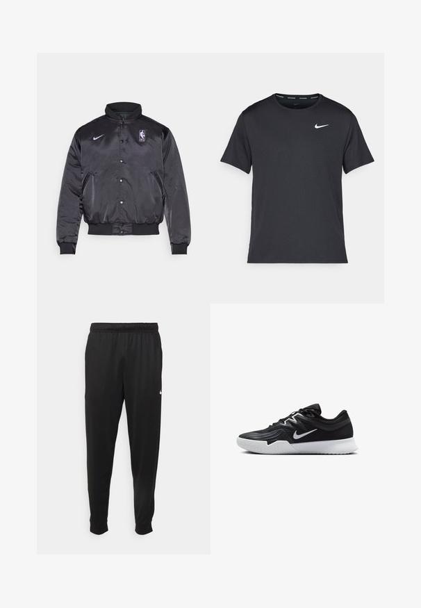 Svart satin bomberjacka med hög krage, tryckknappsstängning, NBA-logotyp och Nike-swoosh i lila. Ribbad mudd och nederkant synlig.; Svart Nike löpeshirt i lätt, andningsbart material, med korta ärmar och en liten vit logotyp på bröstet.; Svarta träningsbyxor i slät tyg, med elastisk midja, avsmalnande ben och en liten vit logotyp på vänster sida.; Svarta träningsskor med en texturerad ovandel, vit Nike-logga och en vit gummisula. Har snörningsdesign och en dynamisk form.
