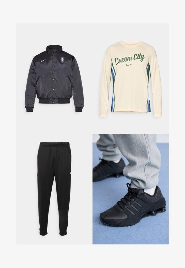 Schwarze Satin-Bomberjacke mit hohem Kragen, Druckknopfverschluss, NBA-Logo und lila Nike-Swoosh. Ribbedmanschetten und Saum sind sichtbar.; Langärmeliges cremefarbenes Sportshirt mit grünem Schriftzug "Cream City", blauen und grünen Seitenstreifen und einem Nike-Logo.; Schwarze Sporthosen aus glattem Stoff, mit einem elastischen Bund, schmal zulaufenden Beinen und einem kleinen weißen Logo auf der linken Seite.; Person in schwarzen Nike Shox Sneakers und grauen Jogginghosen, der auf einem hellblauen Teppich steht.