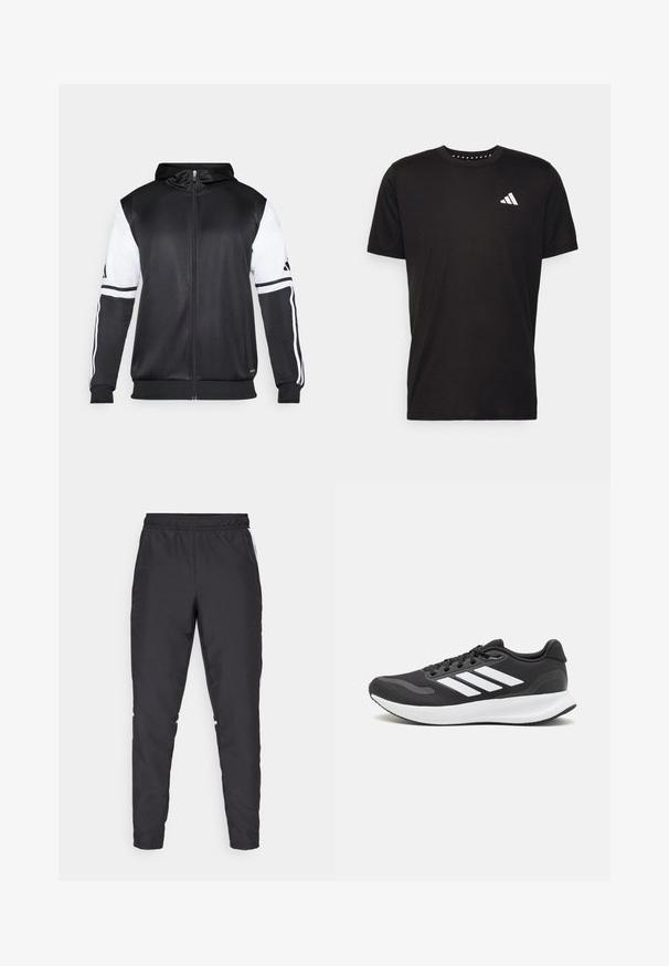 Crna dukserica s patentnim zatvaračem koja ima bijele rukave i tri bijele pruge duž ruku. Napravljena od glatkog, laganog materijala. Uključeni dizajn kapuljače.; Crna pamučna majica s kratkim rukavima, okruglim izrezom i bijelim logotipom na lijevoj strani prsnog koša. Glatka tekstura i jednostavan dizajn.; Crne atletske hlače s elastičnim strukom, sužavajućim nogavicama i bijelim bočnim naglascima. Izrađene od sintetičkog materijala s glatkom teksturom.; Crne atletske tenisice s prozračnom mrežicom na gornjem dijelu, bijelim akcentima i mekanim potplatom. Imaju logo s tri pruge sa strane.