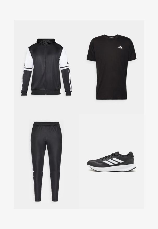 Černá mikina na zip s bílými rukávy a třemi bílými pruhy podél ramen. Vyrobena z hladkého, lehkého materiálu. Design mikiny je zahrnut.; Černé bavlněné tričko s krátkým rukávem, kulatým výstřihem a bílým logem na levé hrudi. Hladká textura a jednoduchý design.; Černé sportovní kalhoty vyrobené z hladkého materiálu, s přiléhavým střihem, elastickým pasem a bílými akcentními pruhy po stranách.; Černá sportovní obuv s prodyšným síťovaným svrškem, bílými akcenty a polstrovanou podrážkou. Na boku se nachází logo se třemi pruhy.