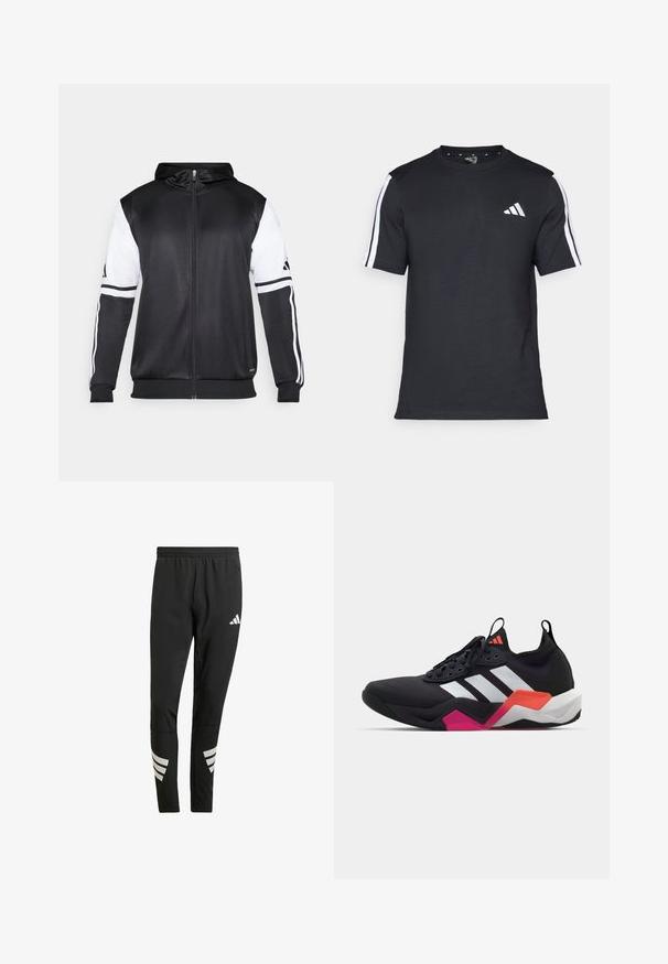 Juodas džinsinis užtrauktukas su baltais rankovėmis ir trimis baltais dryžiais ant rankų. Pagamintas iš lygaus, lengvo audinio. Džinsinio dizainas įtrauktas.; Juodas medvilninis marškinėlis trumpomis rankovėmis, su baltais dryžiais ant pečių ir baltu logo kairiajame krūtinėje.; Juodos sportinės kelnės su elastingu juosmeniu, turinčios atspindinčių baltų akcentų juostelėmis apatinėse kojose. Pagamintos iš lygaus audinio.; Juodos sportinės bateliai su baltais dryžiais, tekstūruota viršutinė dalis ir masyvus padas su oranžinėmis, rožinėmis ir baltomis detalėmis. Su raišteliais ir su traukimo juostele.