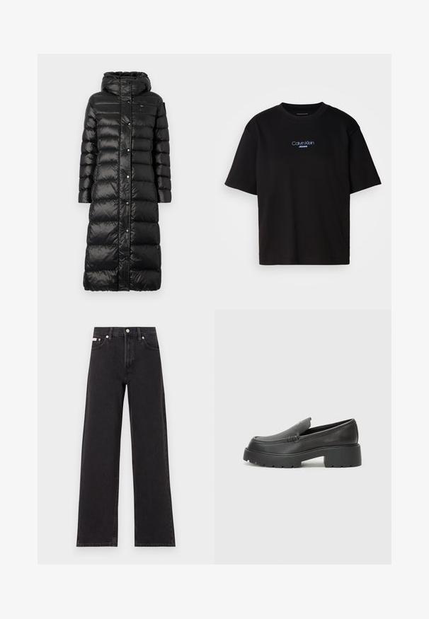 Blauer ANITA - Sulemantel - nero; Mustmust särk ümmarguse kaelusega, lühikeste varrukatega ja sinise tikandiga "Calvin Klein JEANS" logo ees.; Mustad laiad mustad teksad, millel on kõrge vöökoht, viie tasku stiil ja metallist nööpkinnitus kontrastsete õmblustega.; Mustad nahast loafers ümarate varvastega, paksu tekstuuriga tald ja minimaalsete õmbluse detailidega. Viimistletud disain, kus pole nähtavaid paelu ega riistu.