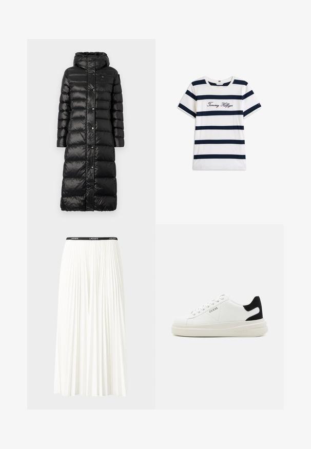 Blauer ANITA - Dūnu mētelis - nero; Kokvilnas T-krekls ar horizontālām tumši zilām svītrām uz balta fona. "Tommy Hilfiger" izšūts skriptā uz krūšu daļas. Cauruma apkakle.; Gari plānas baltas svārku ar melnu elastīgu jostu, uz kuras redzams "LACOSTE" logo. Vidēja garuma dizains ar mīkstu tekstūru.; Baltas ādas sporta apavi ar biezu balto zoli, melna zamša uzpura un izspiestais logotips sānos. Šņorējuma dizains ar sešiem acu caurumiem.