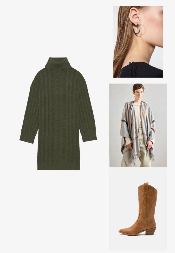 Grijze plaid sjaal van zacht stof, met franjes aan de randen. Het heeft bruine en zwarte accentlijnen en hangt casual over een lichte top.; Olijfgroen coltrui met een gemêleerd kabelgebreid patroon met verticale strepen en driekwart mouwen.; Tan leren cowboylaars met puntige neus, geborduurde spiraalpatronen op de schacht en een gestapelde blokhak. Voorzien van een trekband voor gemakkelijke aan- en uittrekken.; Zilveren oorbel met een gepolijste afwerking, met kleine gouden accentdetails en een ronde vorm, gedragen op de oorlel.