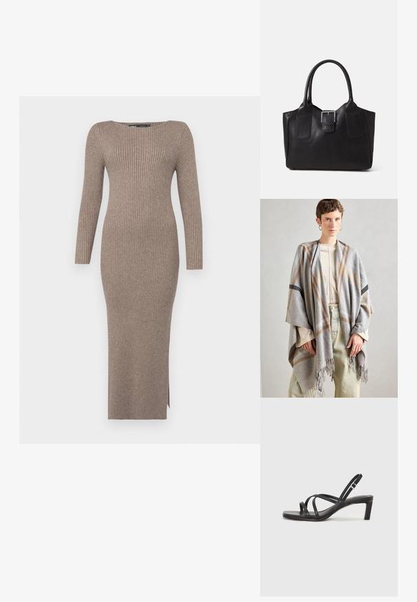 Grijze plaid sjaal van zacht stof, met franjes aan de randen. Het heeft bruine en zwarte accentlijnen en hangt casual over een lichte top.; Geribkote tricot jurk in een gedempt taupe kleur, met lange mouwen, een bootnek en een zijsplit voor gemak in beweging.; Zwarte sandaal met bandjes, vierkante teen en een lage blokhak. Voorzien van meerdere dunne bandjes en een verstelbare enkelband. Gemaakt van zacht leer.; Zwarte leren tote bag met een gladde textuur, gestructureerde vorm, twee handvatten en een opvallend zilveren sluitingdetail aan de voorkant.