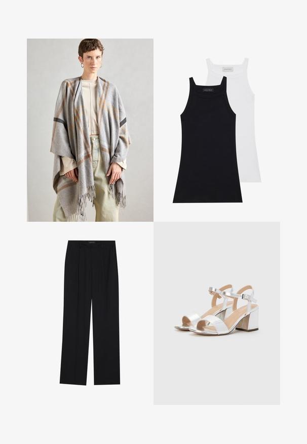 Pelēks šķērsojums, izgatavots no mīkstas auduma, ar frizētām malām. Tam ir brūnas un melnas akcentu līnijas, kas brīvi uzliktas uz gaišas blūzes.; Divi bezpiedurkņu topi melnā un baltā krāsā. Izgatavoti no mīksta, elastīga auduma ar ribotu tekstūru un pieguļošu piegriezumu. Iekļauj šauras siksnas.; Melni bikses ar taisnu kāju dizainu, kurām ir divi priekšējie kabatas un jostasvieta. Izgatavotas no gludas, vieglas auduma.; Sudraba augstpapēžu sandales ar atvērtām pirkstiem, ar divām platām siksnām un noapaļu blokpapēdi. Gluda tekstūra ar metalizētu apdari.