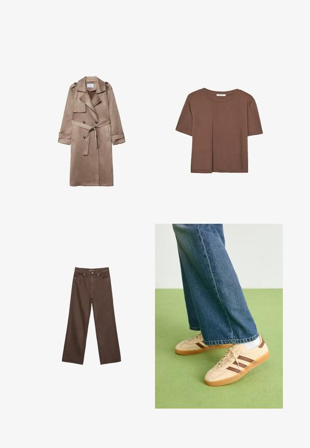 Bež kaput od faux sued kože s kragnom, dvostrukom prednjom kopčom, bočnim džepovima i vezanim pojasom u struku. Sadrži ramene epaulete.; Smeđi kratki rukav majica od mekog materijala, s okruglim izrezom i opuštenim krojem. Nema vidljivih uzoraka ili naglasaka.; Proširene smeđe traperice od denima, s visokim strukom, prednjim džepovima i klasičnom kopčom na dugme. Glatka tekstura s suptilnim šavovima.; Bež tenisice s teksturiranim kremastim panelima i smeškim prugama, u kombinaciji s plavim trapericama. Traperice imaju široke nogavice i poderane rubove.