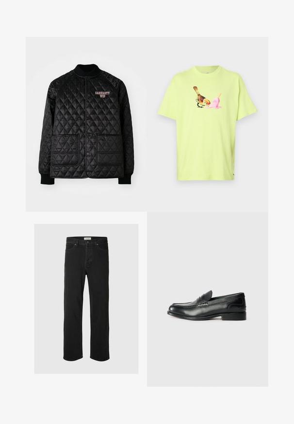 Sort quiltet jakke med ribbet krave og manchetter, der har trykknapper og to forlommer. "Carhartt WIP" logo broderet i rød.; Limegrøn bomulds T-shirt med et grafisk motiv af en fugl og en lyserød isvaffel, med en simpel rund hals og korte ærmer.; Sorte denim straight-leg jeans har et klassisk fem-lomme design med knaplukning, minimal syning og en blød tekstur.; Sorte læder loafers med en glat overflade, syede detaljer over vamps og en let hævet hæl.