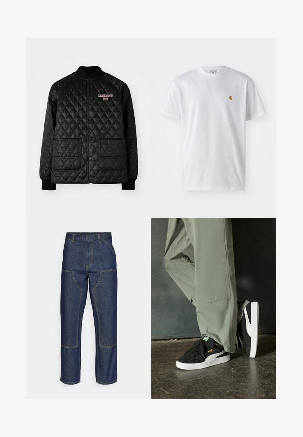 Chaqueta acolchada negra con cuello y puños acanalados, con botones a presión y dos bolsillos en la parte delantera. Logo "Carhartt WIP" bordado en rojo.; Camiseta de algodón blanca con mangas cortas, cuello redondo, que presenta un pequeño logo dorado en la parte izquierda del pecho. Textura suave y corte regular.; Jeans de mezclilla azul oscuro con cintura alta, diseño de pierna recta, costuras contrastantes y bolsillos de parche en la parte delantera.; Zapatillas de ante negras con suelas de goma blancas y rayas laterales, combinadas con pantalones cargo verde claro, de pie sobre una superficie oscura texturizada.