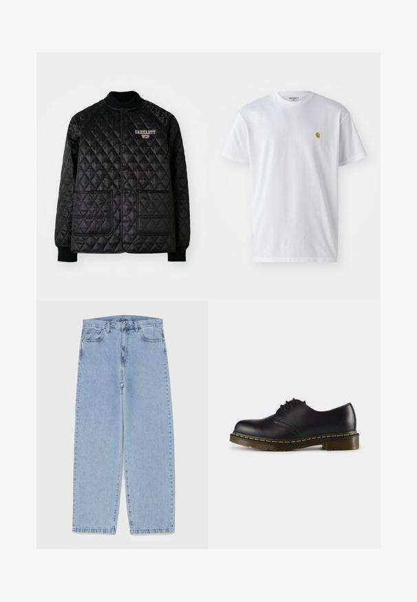 Black quilted jacket with ribbed collar and cuffs, featuring snap buttons and two front pockets. "Carhartt WIP" logo embroidered in red.; White cotton t-shirt with short sleeves, crew neck, featuring a small gold logo on the left chest area. Soft texture and regular fit.; Light blue denim jeans with straight leg design, featuring a mid-rise waist, five pockets, and a button and zipper closure.; Black leather shoe with rounded toe, lace-up design, yellow stitching along the sole, and a chunky, textured rubber outsole.