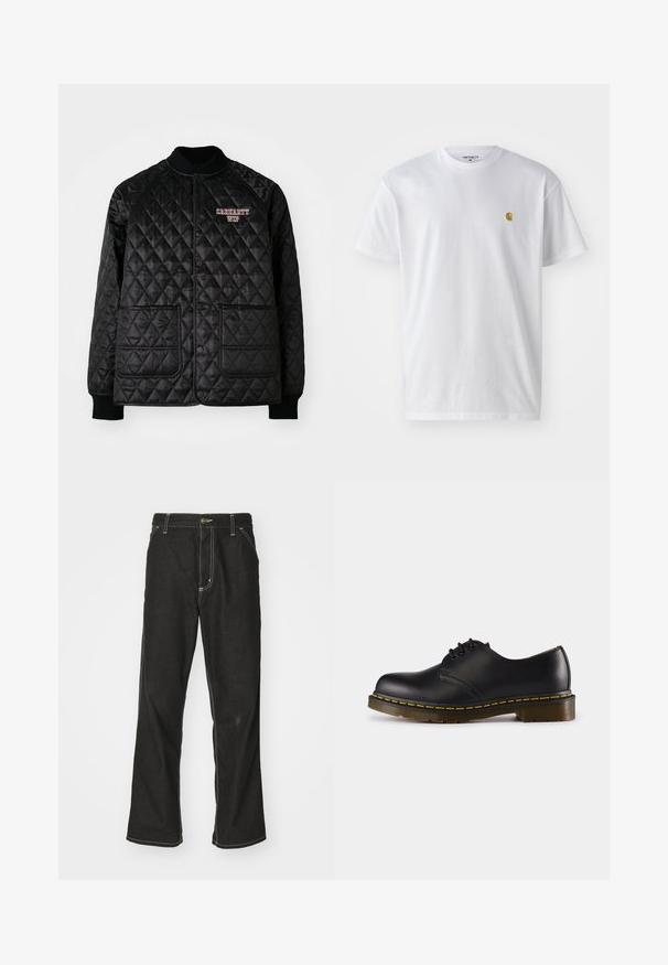 Black quilted jacket with ribbed collar and cuffs, featuring snap buttons and two front pockets. "Carhartt WIP" logo embroidered in red.; White cotton t-shirt with short sleeves, crew neck, featuring a small gold logo on the left chest area. Soft texture and regular fit.; Black denim jeans with a loose fit, featuring contrasting white stitching, a button closure, and a straight leg design.; Black leather shoe with rounded toe, lace-up design, yellow stitching along the sole, and a chunky, textured rubber outsole.