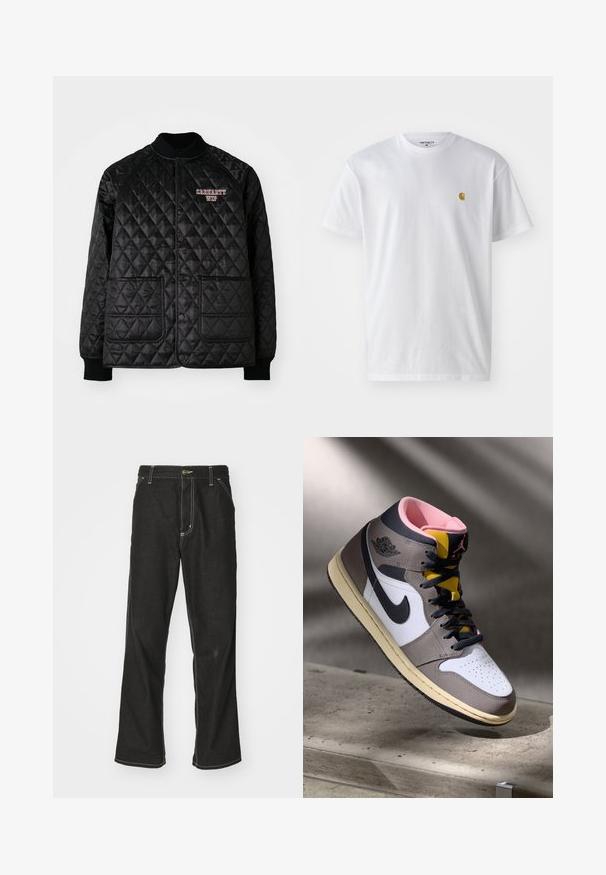 Schwarze gesteppte Jacke mit geripptem Kragen und Bündchen, ausgestattet mit Druckknöpfen und zwei Vordertaschen. "Carhartt WIP" Logo in Rot eingestickt.; Weißes Baumwoll-T-Shirt mit kurzen Ärmeln, Rundhalsausschnitt, mit einem kleinen goldenen Logo im linken Brustbereich. Weicher Stoff und normale Passform.; Schwarze Denim-Jeans mit lockerer Passform, kontrastierenden weißen Nähten, einem Knopfverschluss und geradem Bein.; Hohe Nike Air Jordan Sneaker in Weiß, Grau und Schwarz mit pinkem Innenfutter und gelber Zunge, auf einer Betontfläche platziert.