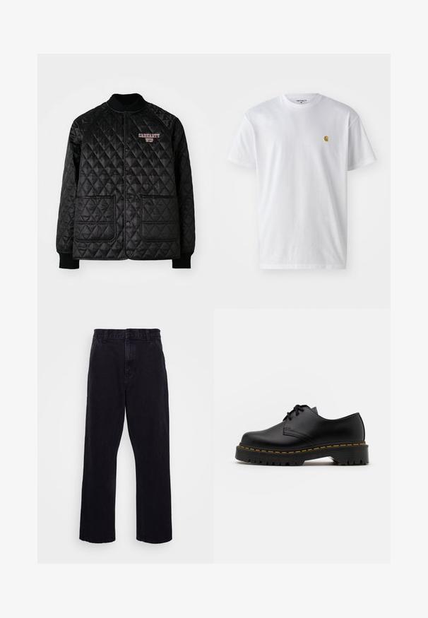Črna prešita jakna z rebrastim ovratnikom in manšetami, ki ima pritisne gumbe in dva sprednja žepa. Logo "Carhartt WIP" vezen v rdeči barvi.; Bela bombažna majica s kratkimi rokavi, krožnim ovratnikom, z majhnim zlatim logotipom na levem prsnem predelu. Mehka tekstura in običajen kroj.; Črne denim hlače s ravnim krojem, z gumbom in zadrgo, pasom za obleko ter minimalnimi šivi.; Črne usnjene čevlje z vezalkami in zaobljenim nosom, z gumijastim podplatom in rumenim šivom okoli osnove. Ravna zasnova in gladka površina.