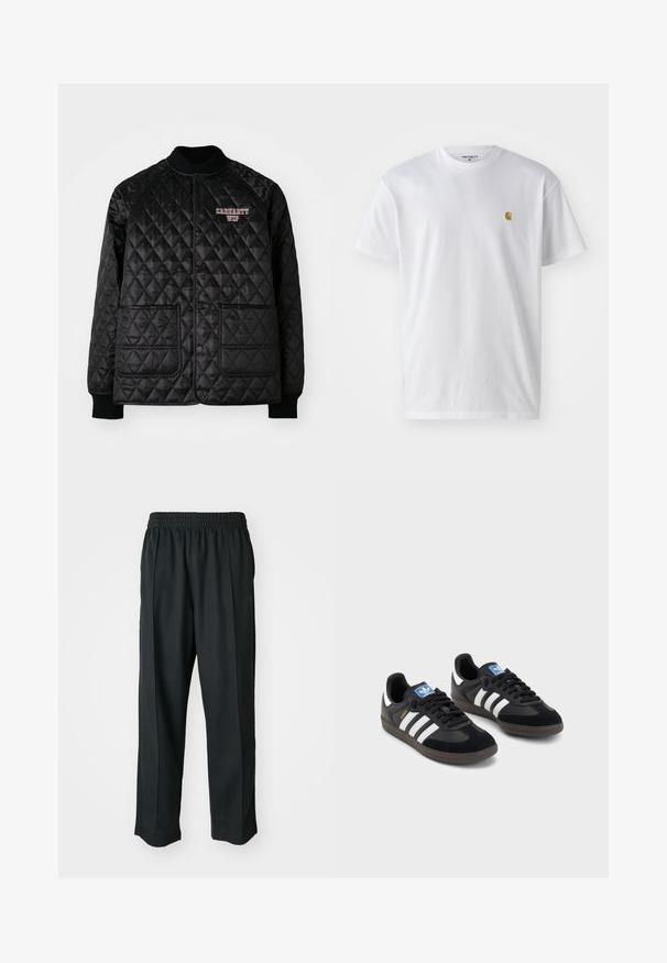 Zwarte gewatteerde jas met ribgebreide kraag en manchetten, voorzien van drukknoopsluitingen en twee voorzakken. "Carhartt WIP" logo geborduurd in het rood.; Witte katoenen t-shirt met korte mouwen en ronde hals, voorzien van een klein gouden logo op de linkerkant van de borst. Zachte textuur en een normale pasvorm.; Zwarte sportbroek met een elastische tailleband, gemaakt van gladde stof, met subtiele zijnaad en een relaxte pasvorm, recht gesneden.; Zwarte sneakers met een bovenwerk van suède en synthetisch materiaal, voorzien van drie witte strepen, een gestructureerde rubberen zool en een blauw logo-label op de tong.