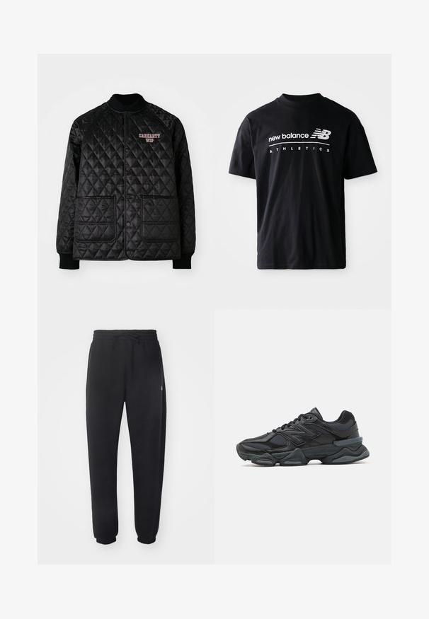 Čierna prešívaná bunda s rebrovaným golierom a manžetami, ktorá má zapínanie na patentky a dve predné vrecká. Vyšívané logo "Carhartt WIP" v červenej farbe.; Čierne bavlnené tričko s okrúhlym výstrihom, krátkymi rukávmi a bielymi nápismi "new balance" a "ATHLETICS" na prednej strane.; Čierne tepláky vyrobené z mäkkého materiálu s elastickým pásom, šnúrkou na stiahnutie a zúženými manžetami, s jemným logom na boku.; Čierna bežecká obuv so zmesou sieťoviny a syntetických materiálov, robustnou podrážkou, zakriveným dizajnom a výrazným logom na boku.