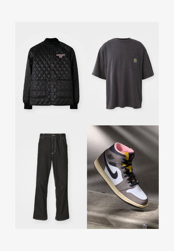 Schwarze gesteppte Jacke mit geripptem Kragen und Bündchen, ausgestattet mit Druckknöpfen und zwei Vordertaschen. "Carhartt WIP" Logo in Rot eingestickt.; Schwarzes Baumwoll-T-Shirt mit kurzen Ärmeln, rundem Halsausschnitt und einer linken Brusttasche mit einem quadratischen Logo-Patch. Schlichtes und unauffälliges Design.; Schwarze Denim-Jeans mit lockerer Passform, kontrastierenden weißen Nähten, einem Knopfverschluss und geradem Bein.; Hohe Nike Air Jordan Sneaker in Weiß, Grau und Schwarz mit pinkem Innenfutter und gelber Zunge, auf einer Betontfläche platziert.