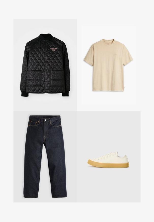 Juodas kvadratinis paltas su auliniais kaklaraiščiais ir rankovėmis, su snap mygtukais ir dviem priekiniams kišenėm. „Carhartt WIP“ logotipas išsiuvinėtas raudona spalva.; Kreminė medvilninė marškinėliai su apvalia iškirpte ir trumpomis rankovėmis. Ant krūtinės yra subtilus „Levi's“ logotipas tos pačios spalvos. Minkšta tekstūra.; Tamsiai mėlynos džinsinės kelnės su tiesiu kirpimu, penkiomis kišenėmis, kontrastingomis oranžinėmis siūlėmis ir mygtukų užtrauktuku. Nėra matomų raštų ar papuošimų.; Oficio drobės sneakeriai baltai kreminės spalvos, su apvaliu galiuku, su smėlio spalvos guminiais padais ir penkiomis skylėmis raištams, turintys tekstūruotą viršutinę dalį.
