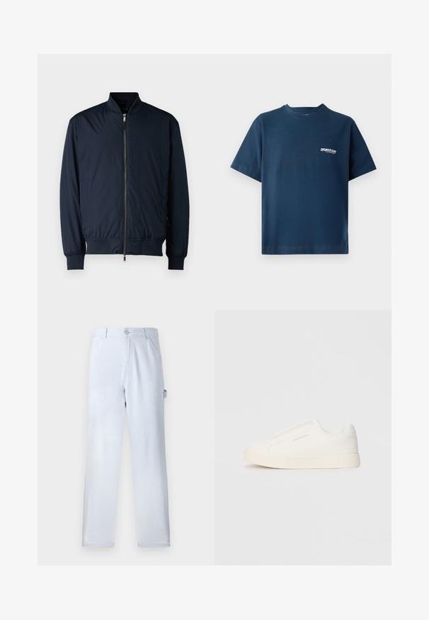Tumši zils bomber jakas ar rāvējslēdzēju priekšpusi, ribotām apkaklēm un aprocēm, kā arī gludu, vieglu audumu; bez redzamām rakstiem vai akcents.; Tumši zils kokvilnas T-krekls ar īsām piedurknēm un apaļu kakla izgriezumu. Uz kreisās krūtis ir neliels balts logo. Mīksta tekstūra.; Gaiši zilu svītru bikses, kas izgatavotas no kokvilnas. Tiešā kāja, ar priekšējo pogu aizdari un sānu kabatām. Mīksta tekstūra.; Baltas slip-on sporta apavi ar teksturētu virsmu, biezu zoli un minimālistisku dizainu. Sānos redzams zīmola logotips.