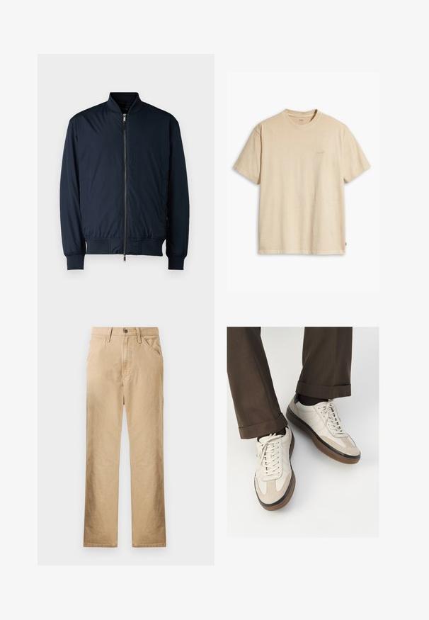 Casaco tipo bomber azul marinho com fecho zip, gola e punhos canelados, e um tecido leve e liso; sem padrões ou detalhes visíveis.; T-shirt de algodão bege com decote redondo e mangas curtas. Apresenta um discreto logo "Levi's" na mesma cor no peito. Textura suave.; Calças de algodão bege com design de perna reta, bolsos frontais e fechamento com botão. Textura suave, detalhe de costura mínima.; Tênis bege com frente em camurça texturizada, lados em couro liso e sola em borracha marrom. Inclui cadarços e detalhes de costura clara.