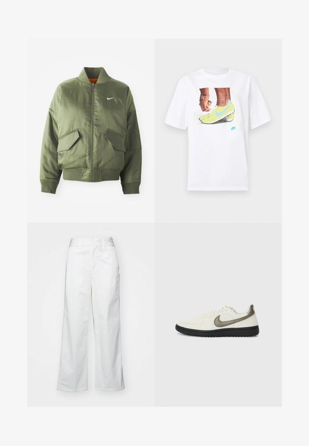 Casaco bomber verde-oliva com colarinho e punhos canelados, fecho com zíper, dois bolsos frontais e um bolso lateral com zíper. Apresenta o logotipo da Nike em branco.; T-shirt branco de algodão com uma gráfica de pés em chuteiras Nike amarelas com detalhes azuis, combinado com uma pulseira no pulso esquerdo.; Calças largas brancas feitas de algodão, com uma textura suave, corte reto, bolsos frontais e bainha limpa.; Nike Sportswear FIELD GENERAL - Sapatilhas - off-white/black