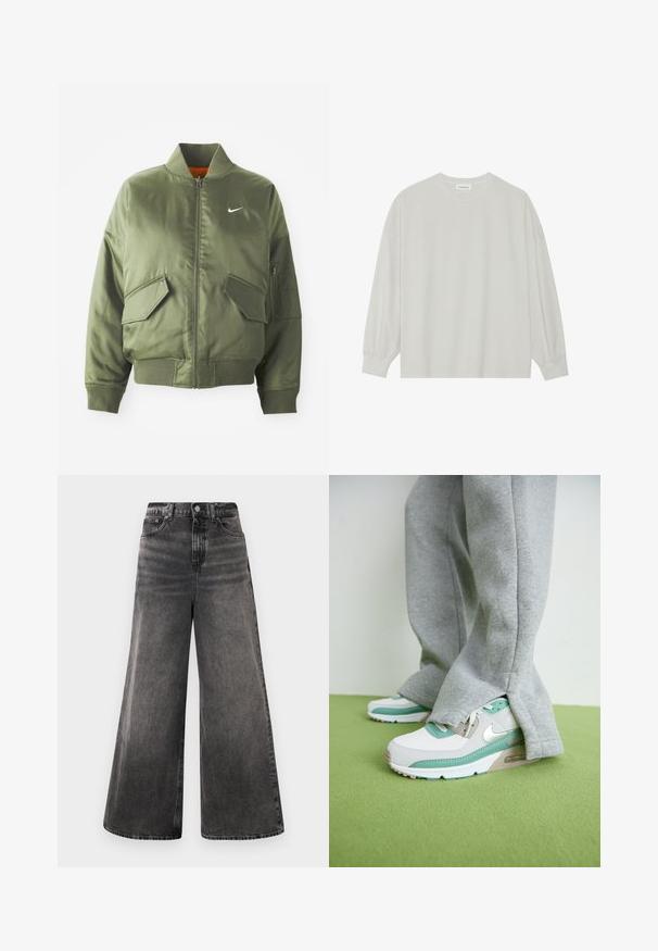 Olivnozeleni bomber jakna z rebrastim ovratnikom in manšetami, zadrgo, dvema sprednjima žepoma in stranskim žepom na zadrgo. Vsebuje Nike logo v beli barvi.; Svetlo siva majica s dugim rukavima izrađena od mekog pamuka. Ima slobodan kroj, okrugli izrez i blago nabrane manžetne. Bez uzoraka ili grafike.; Široke črne jeans hlače z izbrisanimi detajli, petimi žepi in gumbom na pasu, z zaključenimi šivi.; Nike Air Max teniske v belem z metinimi akcenti, z teksturirano zgornjimi deli, sivimi vezalkami in vidno zračno enoto. Nosi se z sivimi trenirkami.