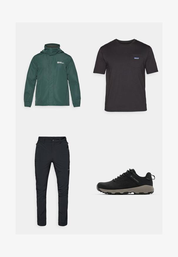 Veste imperméable verte avec capuche, dotée d'une fermeture éclair sur le devant, de poignets élastiques et d'un logo sur le côté supérieur gauche. Matière lisse et légère.; T-shirt noir à manches courtes en coton, avec une poche sur la poitrine arborant un logo Patagonia bleu sur le côté gauche.; Pantalons d'extérieur noirs avec une coupe droite, dotés de poches zippées, de passants de ceinture et d'une texture de tissu légère et durable.; Chaussure de randonnée noire avec une tige lisse, un design perforé, une semelle extérieure grise et un talon renforcé. Comprend des lacets et une languette pour un enfilage facile.