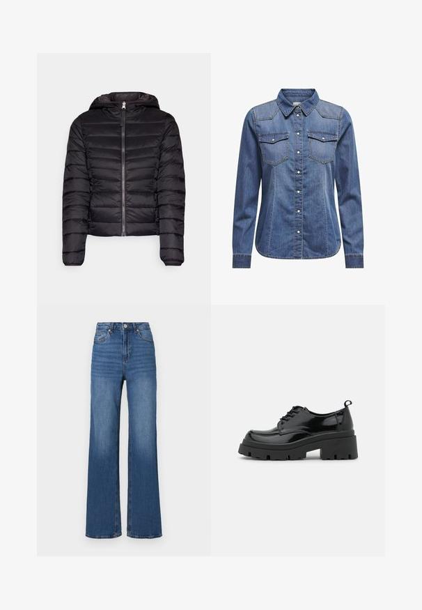 Sort pufferjakke med hætte, som har lynlås foran, kviltet tekstur, elastiske manchetter og et cropped design.; Denimskjorte i mørkeblå, med krave, lange ærmer, dobbelt brystlomme og kontrasterende syninger.; Højtaljede, vidde jeans i blå denim med klassisk fem-lomme design og subtil fading langs benene.; Sorte patentlæder sko med en kraftig platformsål og tykke snørebånd. Runde tå, minimal detaljer og en lille hæltab bagpå.