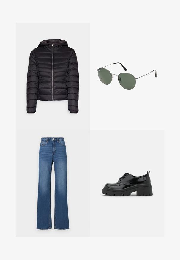 Giubbotto imbottito nero con cappuccio, dotato di chiusura con zip, texture trapuntata, polsini elastici e design cropped.; Camicia in denim di colore blu scuro, con colletto, maniche lunghe, doppie tasche sul petto e dettagli di cucitura a contrasto.; Jeans blu a vita alta e gamba ampia, realizzati in denim, con un classico design a cinque tasche e un leggero sbiadimento lungo le gambe.; Scarpe in pelle verniciata nera con una suola piattaformata chunky e lacci spessi. Punta arrotondata, dettagli minimi e un piccolo tassello sul tallone sul retro.; Occhiali da sole con montatura in metallo e lenti verdi ovali. Montatura sottile in metallo argento e terminali neri. Design minimalista, senza loghi visibili.