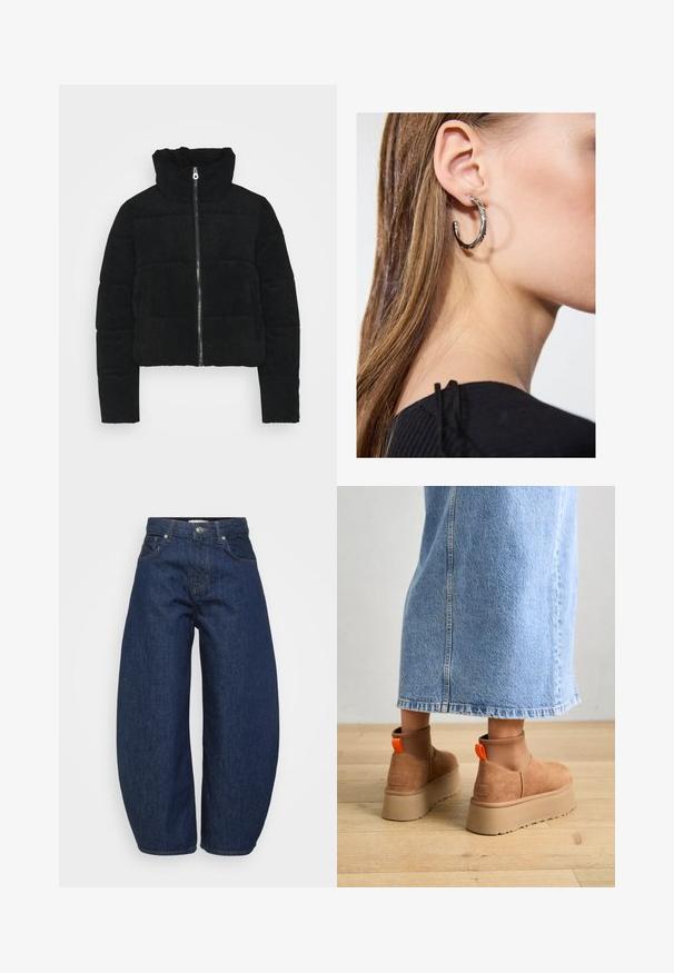 Black corduroy cropped puffer jacket with a high collar, front zipper closure, and padded sections for insulation. Smooth texture.; Even&Odd Petite 2 PACK - Top - light grey/black; Dark blue denim jeans with a wide, relaxed fit. Features a zip fly, four pockets, and contrasting stitching along seams.; Brown suede platform boots with elastic side panels and orange pull tabs, paired with a knee-length light denim skirt on a wooden floor.; Silver hoop earring with a polished finish, featuring small gold accent details and a round shape, worn on the lobe.