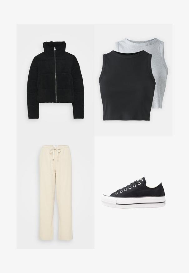 Juodas kordūrinis trumpas pūkinis švarkas su aukšta apykakle, priekinėmis užtrauktuko uždarymo funkcijomis ir paminkštintomis dalimis šilumos izoliacijai. Lygi tekstūra.; Even&Odd Petite 2 PACK - Viršus - light grey/black; Even&Odd Petite Kelnės - beige; Juodas drobės sportbačių modelis su baltu gumuotu padu, apvalia nosimi, žemo profilio dizainu, metalinėmis akytėmis ir tekstūruotu priekiniu kraštu. Plona juoda juostelė palei padą.