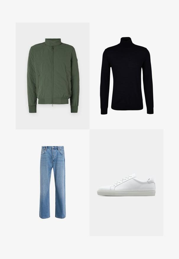Grüne gesteppte Bomberjacke mit hohem Kragen, Reißverschluss vorne, zwei seitlichen Taschen und gerippten Bündchen sowie Saum. Weiches, leichtes Material.; Schwarzer Rollkragenpullover aus einem glatten Strickstoff. Verfügt über lange Ärmel, einen eng anliegenden Kragen und gerippte Bündchen sowie Saum für eine optimale Passform.; Helle blaue Jeans im Geradeschnitt-Design, mit fünf Taschen, Knopfverschluss, minimaler Ausbleichung und kontrastierenden Nähdetails.; Weißer Sneaker mit glattem Lederobermaterial und niedrigem Profil. Verfügt über eine runde Zehenpartie, sechs Ösen und eine strukturierte Gummisohle.