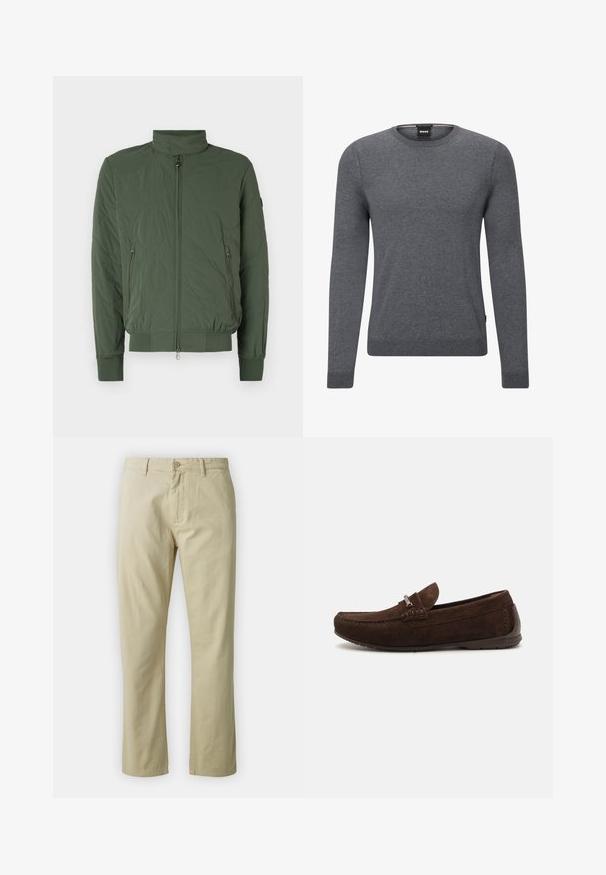 Zielona pikowana kurtka bomberka z wysokim kołnierzem, zapięciem na zamek, dwoma bocznymi kieszeniami oraz ściągaczami na mankietach i dolnym brzegu. Miękki, lekki materiał.; Szary sweter z okrągłym dekoltem wykonany z miękkiej dzianiny. Ma długie rękawy, ściągacze przy mankietach i na dole oraz małą metkę z logo z boku.; Beżowe bawełniane spodnie o prostym kroju, z zapięciem na guzik z przodu i paskiem. Gładka tekstura, bez widocznych wzorów czy akcentów.; Brązowe zamszowe mokasyny z przeszywaną fakturą, subtelną strukturą, okrągłym noskiem i srebrnymi akcentami. Niska gumowa podeszwa dla wygody.