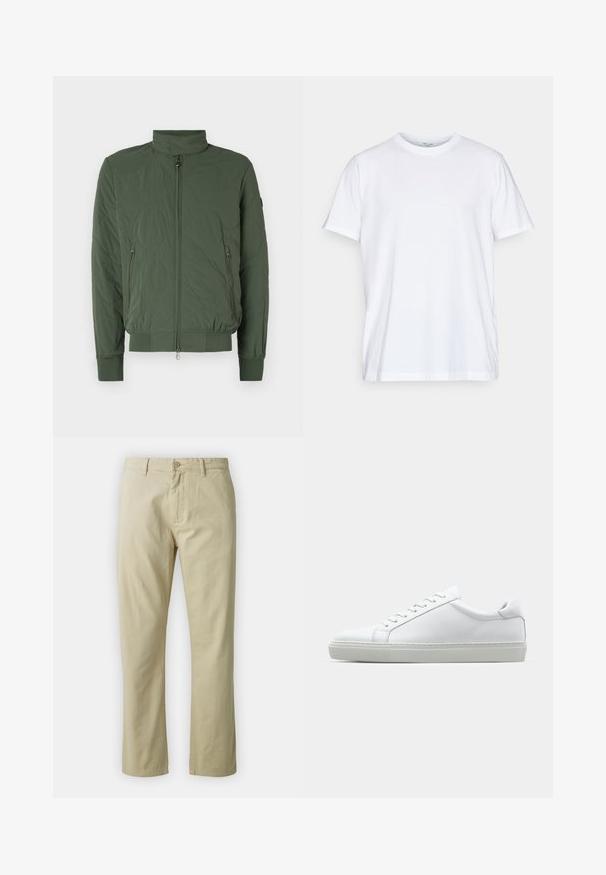 Zelená prošívaná bomber bunda s vysokým límcem, předním zipem, dvěma bočními kapsami a žebrovanými manžetami a spodním lemem. Měkký, lehký materiál.; Bílé bavlněné tričko s krátkým rukávem, kulatým výstřihem a volným střihem. Má minimalistický design, bez vzorů nebo akcentů.; Béžové bavlněné kalhoty s rovnými nohavicemi, předním zapínáním na knoflík a poutky na opasek. Hladká textura, žádné viditelné vzory či akcenty.; Bílé tenisky s hladkým koženým svrškem a nízkým profilem. Mají zaoblenou špičku, šest nýtů a texturovanou gumovou podrážku.