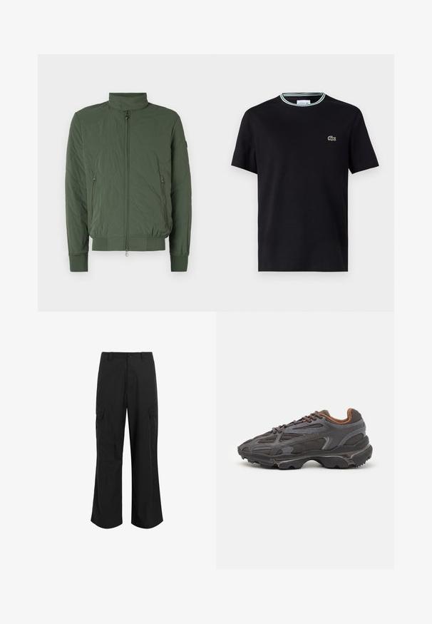 Green quilted bomber jacket featuring a high collar, zip front, two side pockets, and ribbed cuffs and hem. Soft, lightweight material.; Black cotton t-shirt with a crew neck, featuring a white and green striped trim, and embroidered green crocodile logo on the left chest.; Black cargo pants made of lightweight fabric, featuring a relaxed fit, two large side pockets, and a button closure.; Lacoste sneakers in dark gray with mesh and synthetic material, featuring a textured sole and brown accents on the collar and branding.