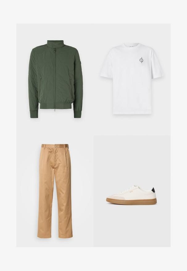 Roheline tikandiga bomber-jakile, millel on kõrge kaelus, lukuga ees, kaks küljetaskut ja soonilised mansetid ning alläär. Pehme, kerge materjal.; Valge puuvillane t-särk lõdva sobivusega, millel on vasakul rinnal väike must graafiline logo. Lühikesed varrukad, ümmargune kaelus.; Khekilõngid, puuvilla segu, sirge jala disain, ees olevad voldid, vööloopid ja nupuga sulg. Sile tekstuur ilma mustriteta.; Valged tennisekad beežide aktsentidega, siledast nahast pealagi, ümar varvas ja kummist kummine tallaosa, musta kannatugedega ning peene brändimisega.