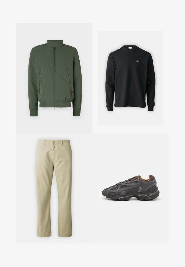 Grüne gesteppte Bomberjacke mit hohem Kragen, Reißverschluss vorne, zwei seitlichen Taschen und gerippten Bündchen sowie Saum. Weiches, leichtes Material.; Schwarzes Langarm-T-Shirt aus Baumwolle, mit Rundhalsausschnitt und einem kleinen grünen, gestickten Krokodil-Logo auf der linken Brust.; Beige Baumwollhose mit geradem Bein, mit vorderem Knopfverschluss und Gürtelschlaufen. Glatte Textur, keine sichtbaren Muster oder Akzente.; Lacoste Sneaker in Dunkelgrau aus Mesh und Synthetikmaterial, mit einer strukturierten Sohle und braunen Akzenten am Kragen und Logo.