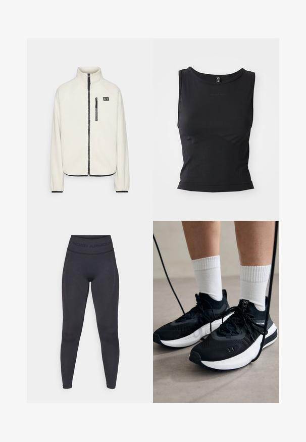 ONLY Play ONPMON - Veste polaire - pumice stone; Haut sportif sans manches noir fabriqué à partir d'un tissu lisse, présentant un col rond et une silhouette ajustée avec un discret logo.; Leggings noirs avec une taille haute élastique arborant le texte "UNDER ARMOUR". Texture lisse avec des accents de motifs subtils le long des jambes.; Chaussures de sport noires en tissu texturé, avec une semelle blanche et des lacets noirs. Portées avec des chaussettes blanches côtelées, debout sur une surface claire.