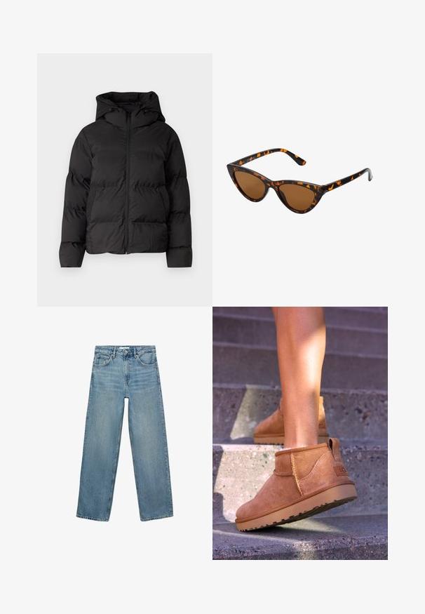 Jachetă neagră cu umplutură, dotată cu glugă, având un fermoar frontal și două buzunare laterale. Material neted, lucios, cu detalii matlasate.; Pulover tricotat maro cu un guler înalt și ribflat, mâneci largi și o textură moale. Prezentă o croială lejeră și accente riblate pe mâneci.; Jeans din denim de un albastru deschis, cu un design drept al piciorului, talie înaltă, cinci buzunare și cusături contrastante. Fără embellishments sau modele prezente.; Botine bej din suede cu o textură moale, detalii cusute și o talpă din cauciuc, având un călcâi cu buclă pentru o utilizare ușoară.; Ochelari de soare în stil cat-eye, cu o ramă din material cu tortoiseshell negru și portocalie, lentile maro și vârfuri elegante, ascuțite. Prezintă un logo minimal pe brățara ochelarilor.