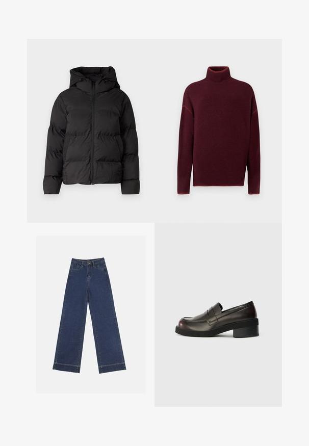Crna podstavljena jakna s kapuljačom, s prednjim patentnim zatvaračem i dva bočna džepa. Glatki, sjajni materijal s quilting detaljima.; Bordo pulover s rolom, s rebrastim ovratnikom i manžetama, izrađen od mekanog materijala, s padom na ramenima i opuštenim krojem.; Široke traperice u tamnoplavom denimu. Imaju pet džepova, petlje za pojas i siroki rub na dnu s vidljivim detaljima šavova.; Tamno smeđi kožni mokasini s okruglim vrhom, sa šivenim detaljima i umjerenim blok petama. Glatka tekstura, minimalistički dizajn.