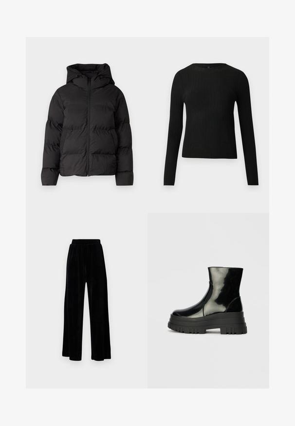 Čierna vypchatá bunda s kapucňou, s predným zipsom a dvoma bočnými vreckami. Hladký, lesklý materiál s prešívanými detailmi.; Čierny rebrovaný pulóver s dlhým rukávom, priliehajúci, s okrúhlym výstrihom, vystavený na jednoduchom svetlom pozadí.; Čierne široké nohavice zo soft velvetu, s elastickým pásom a hladkou textúrou, bez viditeľných detailov alebo vzorov.; Čierne lesklé členkové čižmy s hrubou podrážkou a zaoblenou špičkou, bočný pohľad na jednoduchom svetlošedom pozadí.