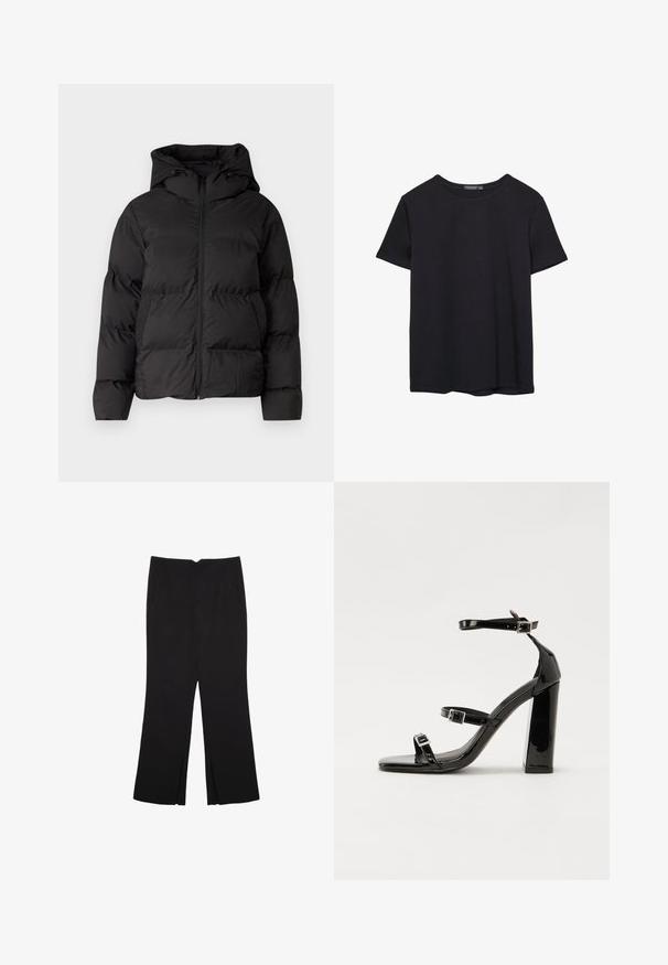 Sort polstret jakke med hætte, der har en frontlynlås og to sidelommer. Glat, blankt materiale med quiltede detaljer.; Simpel sort kortærmet bomulds T-shirt med rund hals, præsenteret på en hvid baggrund.; Sorte bukser med lige pasform, der har frontlommer og slidser i kanten. Lavet af blødt, glat stof. Velegnet til forskellige anledninger.; Sorte patenterede hælsandaler med firkantet tå, ankelremme og sølvspænder. Har en chunky blokHæl for stabilitet.