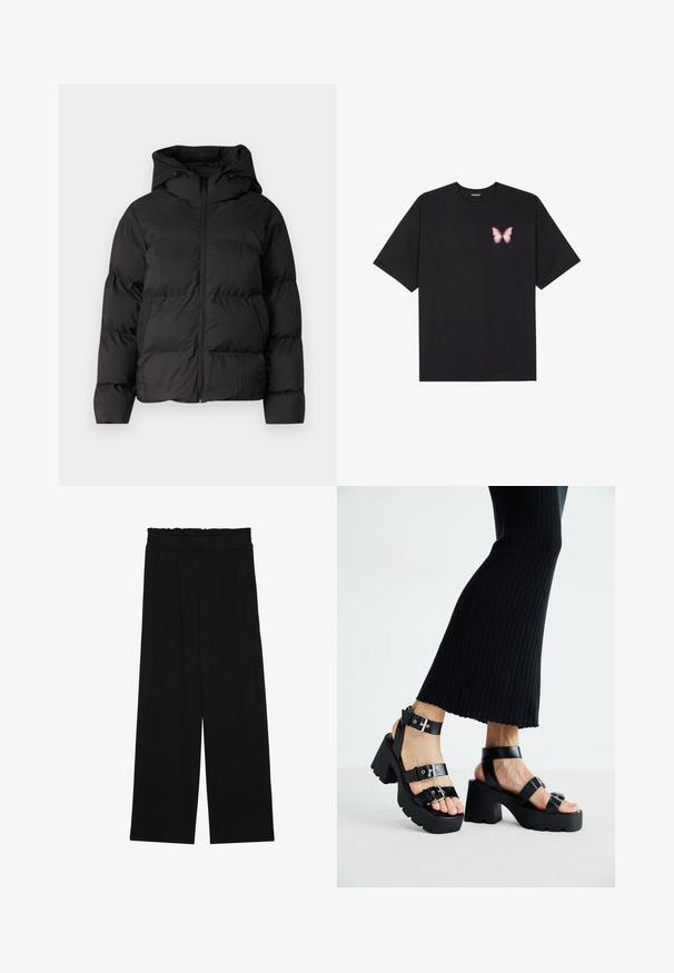 Czarna ocieplana kurtka z kapturem, z zamkiem błyskawicznym z przodu i dwiema bocznymi kieszeniami. Gładki, błyszczący materiał z pikowanymi detalami.; Czarny bawełniany t-shirt z krótkim rękawem, z małym różowym motylkiem na lewej piersi. Klasyczny dekolt z luźnym fasonem.; Czarne spodnie typu wide-leg z falbaną w pasie, z dwoma bocznymi kieszeniami i gładkim, lekkim materiałem. Brak widocznych wzorów lub elementów metalowych.; Czarne platformy na sandały z grubymi, żłobionymi podeszwami i wieloma paskami, z metalowymi klamrami i gładką, skórzano-podobną fakturą.