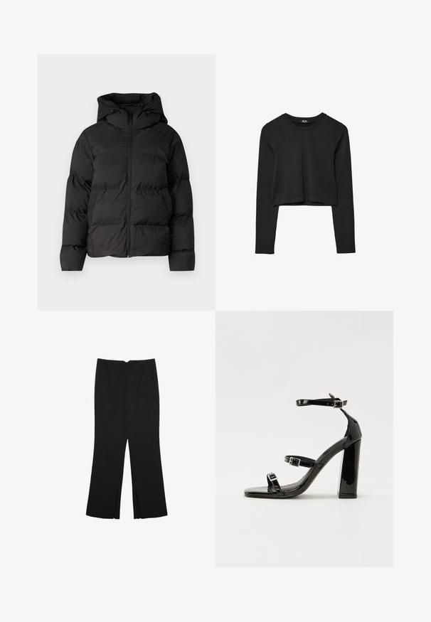 Sort polstret jakke med hætte, der har en frontlynlås og to sidelommer. Glat, blankt materiale med quiltede detaljer.; Sort langærmet cropped top med rund halsudskæring, ensfarvet design og let buet kant.; Sorte bukser med lige pasform, der har frontlommer og slidser i kanten. Lavet af blødt, glat stof. Velegnet til forskellige anledninger.; Sorte laklædersandaler med høje hæle, to spænderemme, firkantet tå og en kraftig blokhæl, der har en glat, blank overflade.
