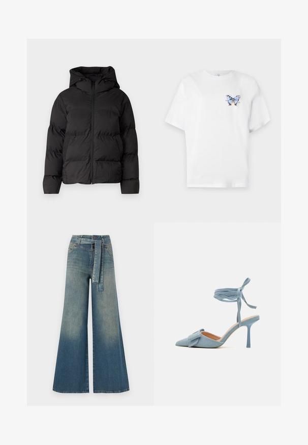 Juodas paminkštintas švarkas su kapišonu, turintis priekinį užtrauktuką ir dvi šonines kišenes. Lygus, blizgus audinys su siuvinėtais raštais.; Balta medvilninė marškinė su spalvingu drugelio atspaudu kairėje krūtinės pusėje. Trumpomis rankovėmis ir laisvu siluetu.; Platus džinsinis kelnes su šviesiai tamsiai mėlynu gradientu, aukštu juosmeniu, diržo kilpomis ir atitinkančiu audinio diržu. Textūruotas džinsinis paviršius.; Šviesiai mėlynos audinio aukštakulnės bateliai su smailiu galiuku ir tekstūruotu paviršiumi, su dekoratyviniu kaspinėliu ir kulkšnies juostele, užtikrinančia tvirtą prigludimą.