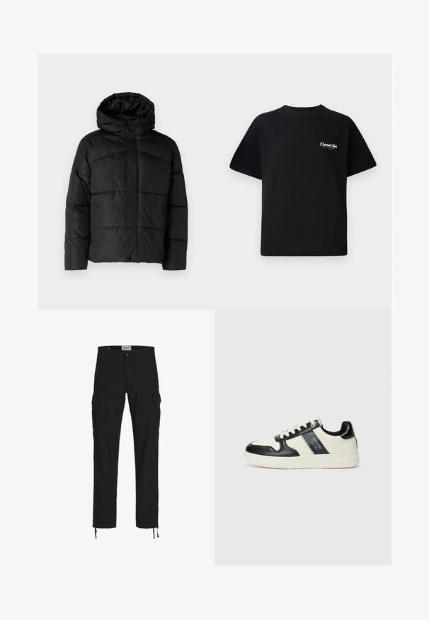 Svart polstret jakke med hette, med en quiltet design, glidelås frontlukking og sidelommer. Myk, glatt tekstur gjennom hele.; Svart bomull t-skjorte med rund hals, korte ermer og liten hvit logo-tekst på venstre bryst. Enkel design, klassisk passform.; Svarte cargo-bukser med rett snitt, med sidelommer, knappelukking og elastiske snorer ved anklene. Laget av slitesterkt stoff.; Lædersneakers med sort og creme farveskema, der har perforerede detaljer, en polstret krave og en struktureret ydersål.