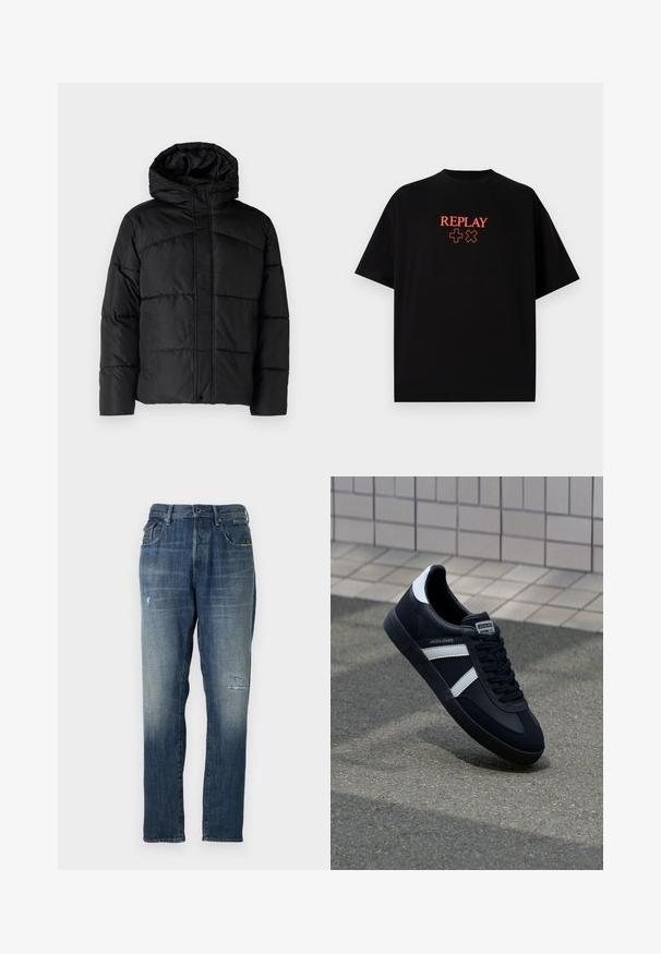 Veste matelassée noire avec capuche, présentant un design en quilt, fermeture éclair sur le devant et poches latérales. Texture douce et lisse sur toute la surface.; T-shirt en coton noir à manches courtes, col rond, arborant un logo rouge "REPLAY" et des symboles alignés au centre sur la poitrine.; Jeans en denim présentant une couleur bleue délavée, un design à jambe droite, un léger effet usé à l'avant et un style classique à cinq poches.; Sneaker en cuir noir avec des rayures blanches, semelle en caoutchouc texturée et devant à lacets. Présente une étiquette de marque sur la languette.