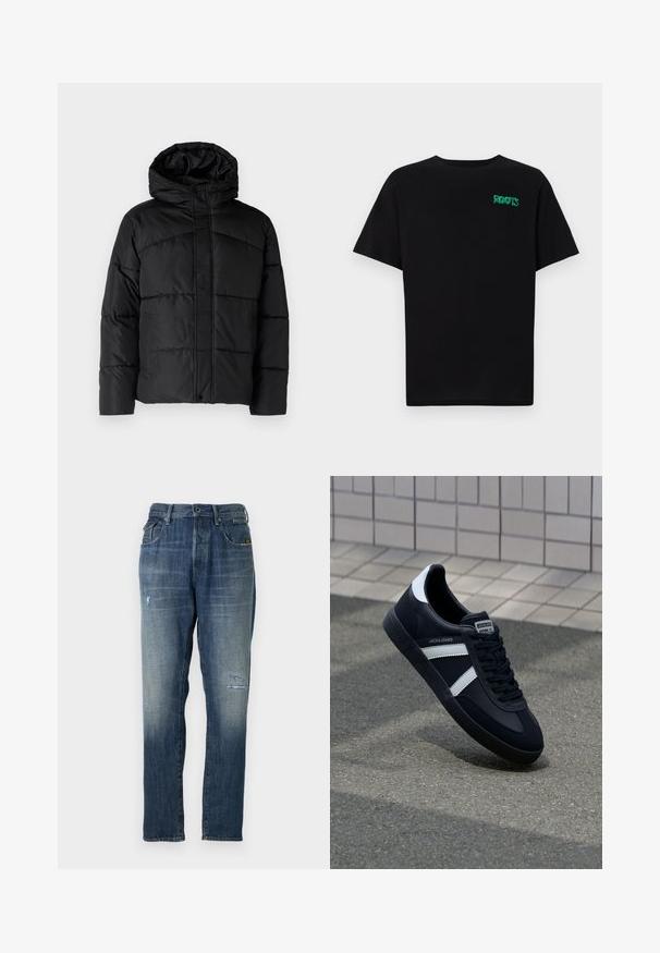Čierna padded bunda s kapucňou, s prešívaným dizajnom, predným zipsom a postrannými vreckami. Mäkká, hladká textúra po celom povrchu.; Čierne tričko s krátkymi rukávmi vyrobené z bavlny. Na prednej strane má zelené logo "ROOTS", okrúhly výstrih a štandardný strih.; Džínsy z denimu v bledomodrej farbe, s rovnými nohavicami, umierneným opotrebením vpredu a klasickým päťvreckovým strihom.; Čierne kožené tenisky s bielymi pruhmi, textúrovanou gumovou podrážkou a šnurovaním vpredu. Obsahujú označenie značky na jazyku.