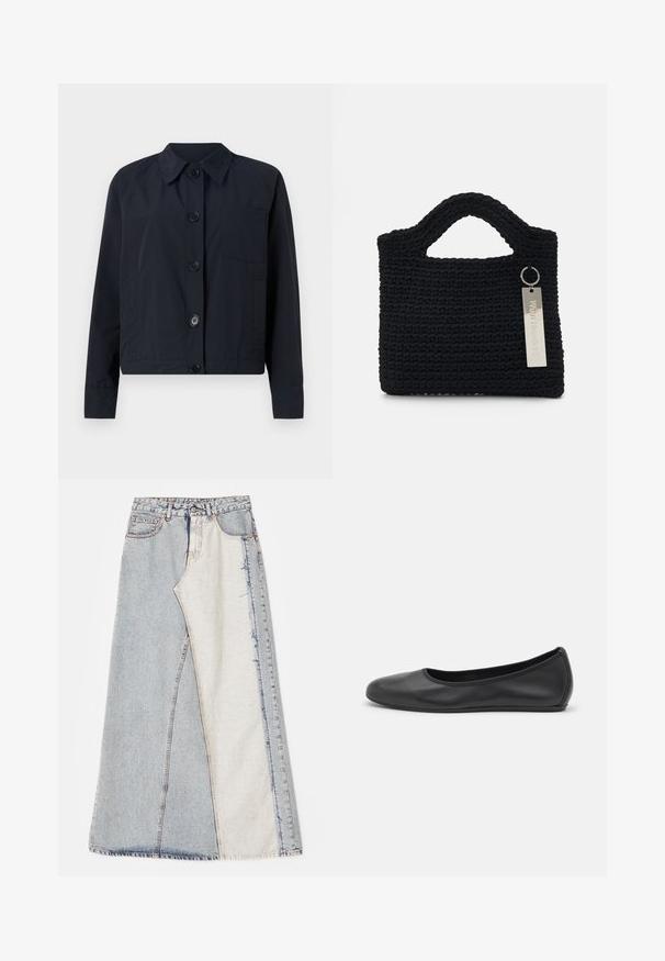 Marineblauwe jas met een kraag, sluiting met knopen aan de voorkant en één borstzak. Heeft een gladde textuur en lange mouwen.; Witte lange mouwen overhemd met kraag van katoen. Voorzien van een knoopsluiting aan de voorkant en een enkele borstzak. Een gladde textuur en een ontspannen pasvorm.; Denim rok met een patchworkontwerp bestaande uit lichte en middelblauwe secties, rafelige zomen en een hoge taille. Klassiek vijf-pocket model.; Zwarte leren ballerina met een ronde neus, gladde textuur, minimale stikdetails en een flexibele zoolontwerp.; Won Hundred MARSIELLE COMPUTER BAG UNISEX - Laptoptas - black