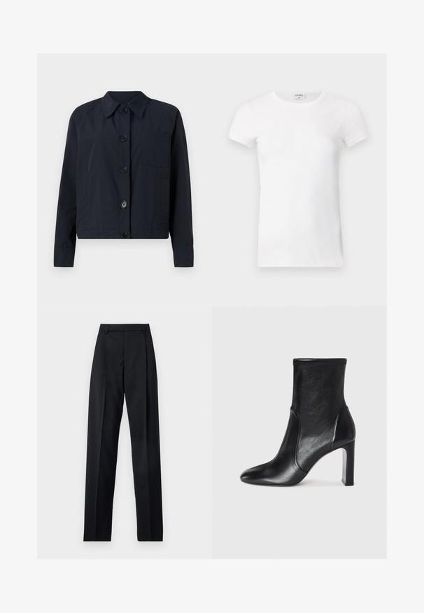 Mornarsko plava jakna s ovratnikom, prednjim dugmetom za zakopčavanje i jednom džepom na prsima. Ima glatku teksturu i duge rukave.; Bijela rebrasta kratkotrajna majica s okruglim izrezom. Tkanina izgleda glatko s prilagođenim siluetom. Vidljiva oznaka branda na ovratniku.; Crne hlače od glatkog materijala s visokim strukom, širokim nogavicama, prednjim pregibima i klasičnim petljama za remen. Nema vidljivih bočnih džepova.; Crna kožna čizme do gležnja s elegantnim dizajnom, šiljastim prstom i visokim blok-hilom. Ima glatku teksturu i minimalističke detalje šivanja.